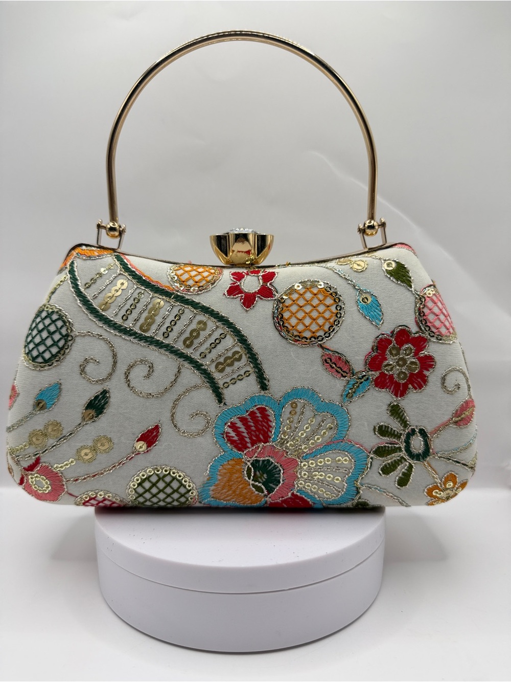 Embroidered Floral White Evening Clutch with Gold Handle